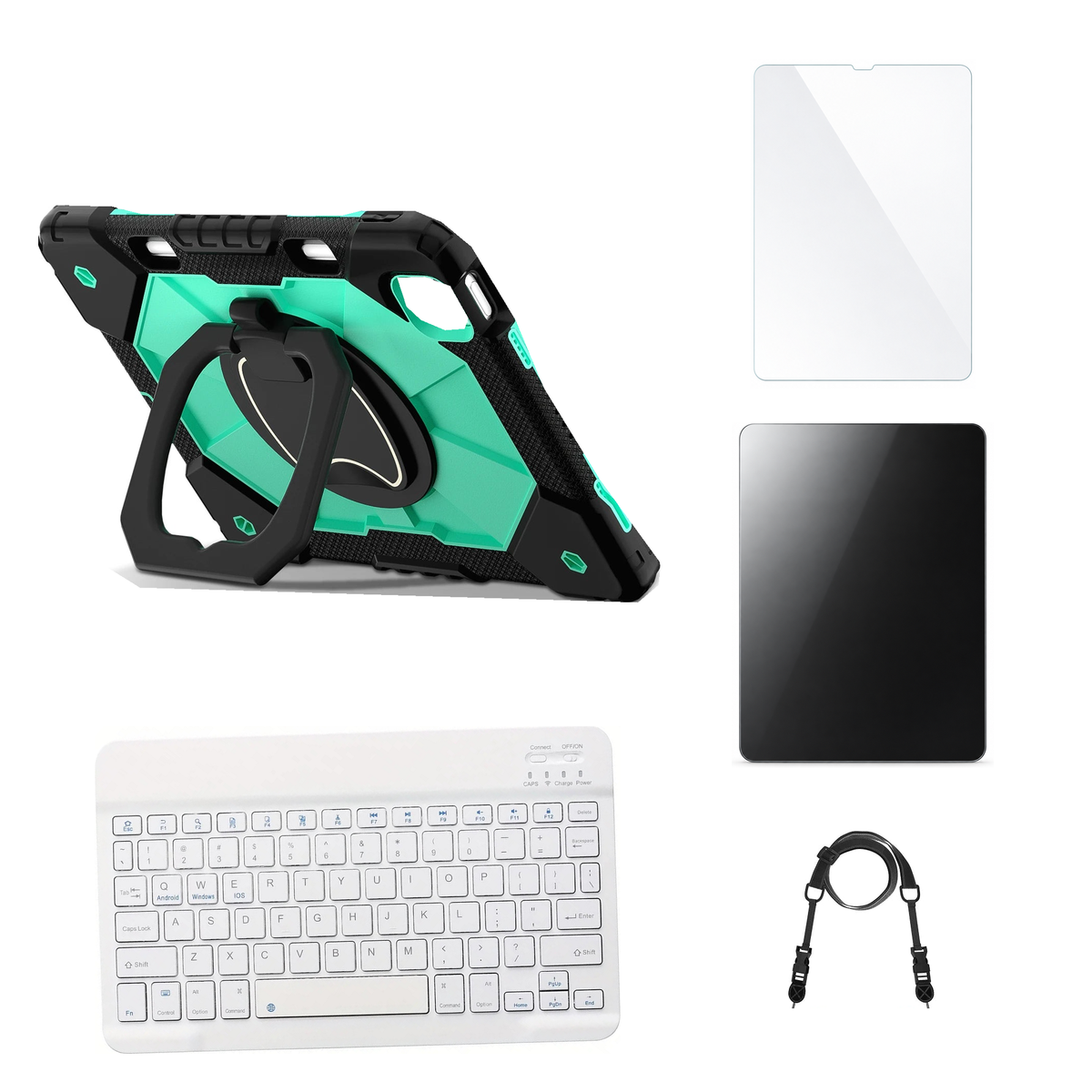 RhinoGuard ArmorPro Black / Mint Green case with White keyboard, shoulder strap, standard glass and additional privacy glass
