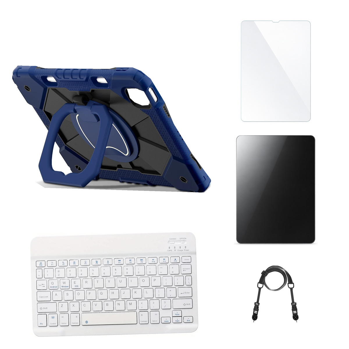 RhinoGuard ArmorPro Navy / Black case with White keyboard, shoulder strap, standard glass and additional privacy glass