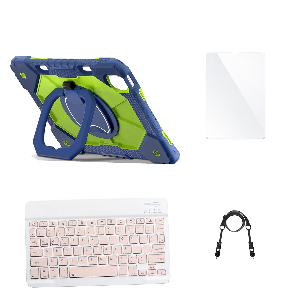 RhinoGuard ArmorPro Navy / Green case with Pink keyboard, shoulder strap, standard glass