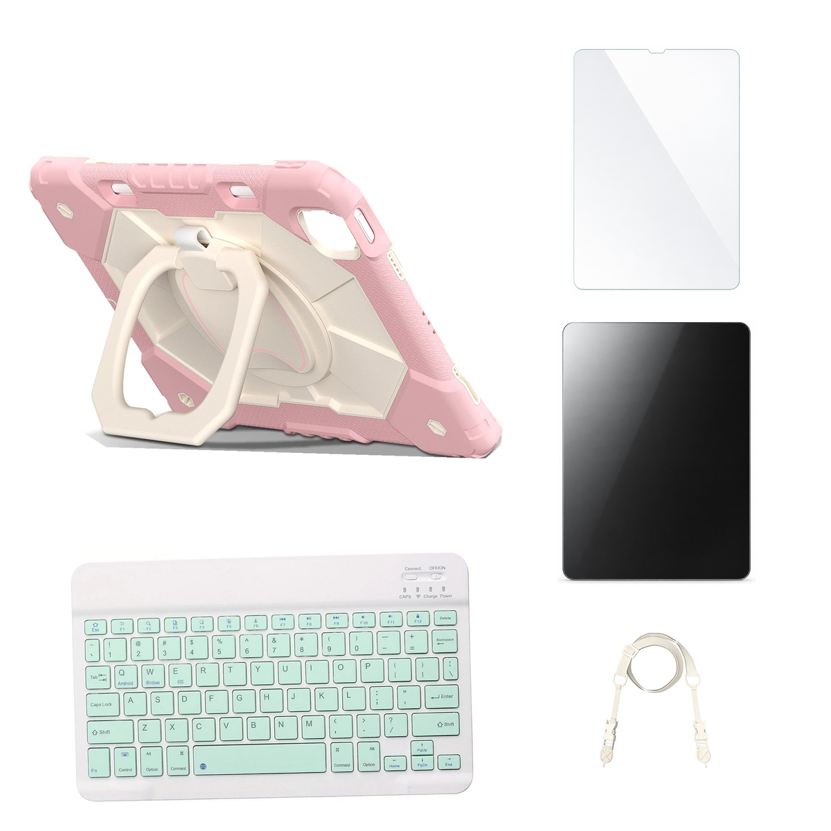 RhinoGuard ArmorPro Rose Gold case with Green keyboard, shoulder strap, standard glass and additional privacy glass