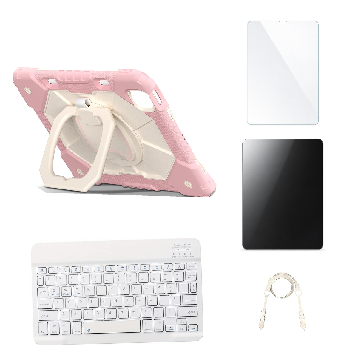RhinoGuard ArmorPro Rose Gold case with White keyboard, shoulder strap, standard glass and additional privacy glass