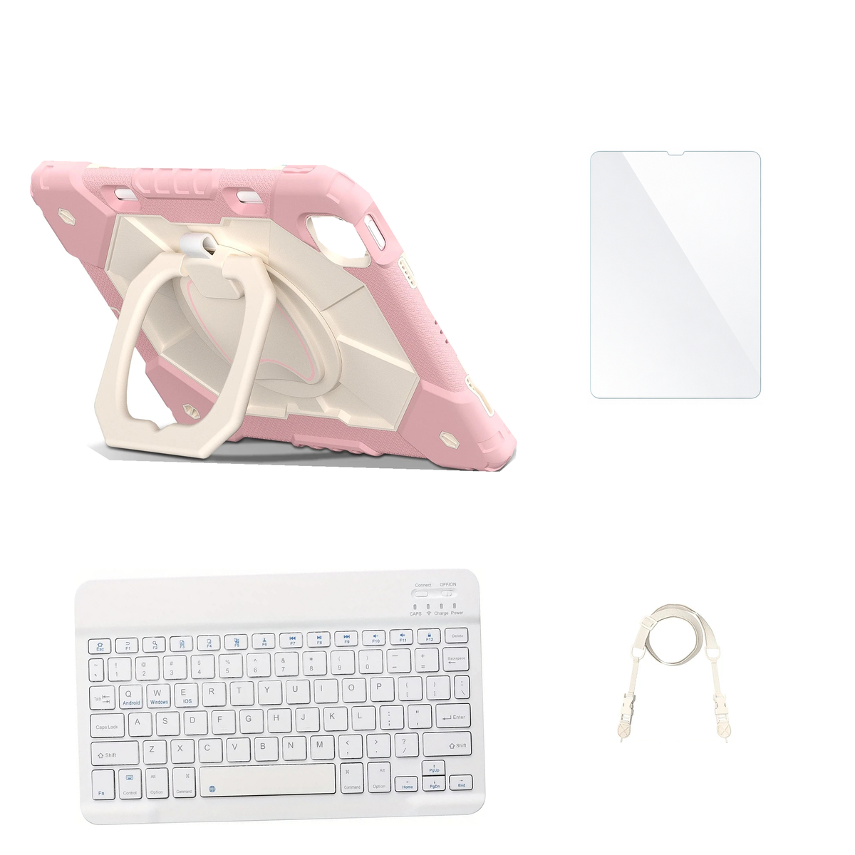 RhinoGuard ArmorPro Rose Gold case with White keyboard, shoulder strap, standard glass