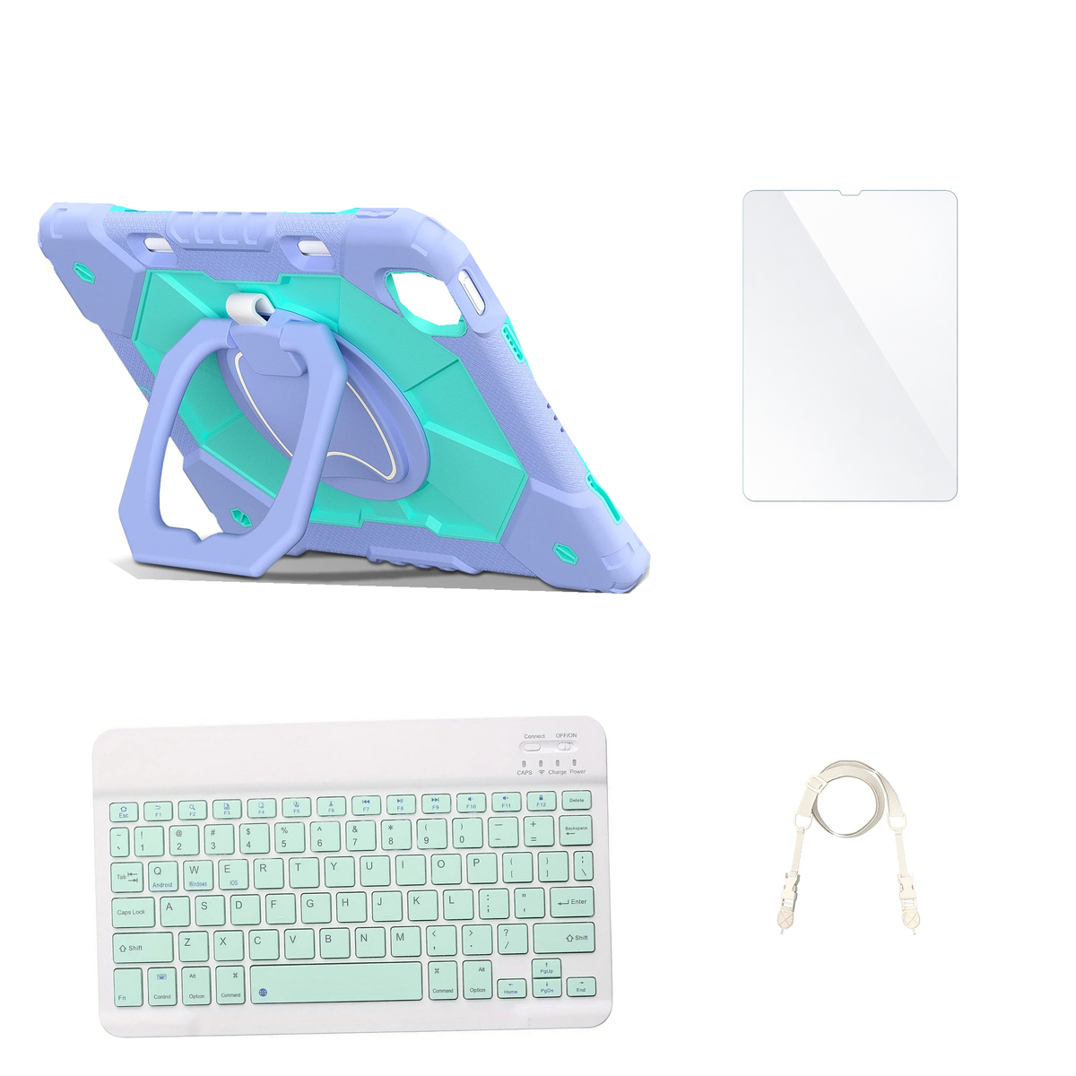 RhinoGuard ArmorPro Purple / Mint Green case with Green keyboard, shoulder strap, standard glass