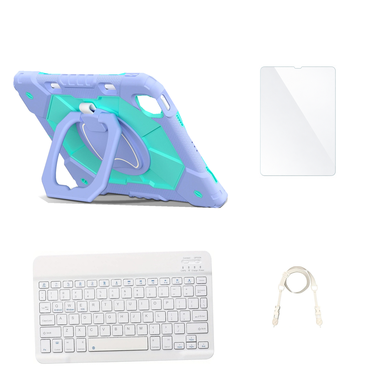 RhinoGuard ArmorPro Purple / Mint Green case with White keyboard, shoulder strap, standard glass
