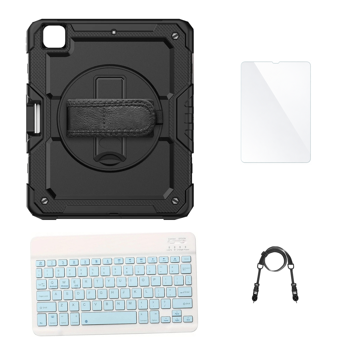 RhinoGuard Pro Black case with Blue keyboard, shoulder strap, standard glass