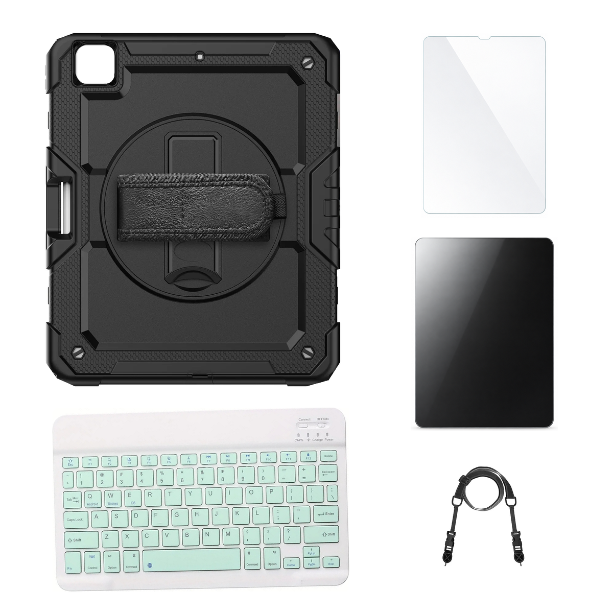 RhinoGuard Pro Black case with Green keyboard, shoulder strap, standard glass and additional privacy glass