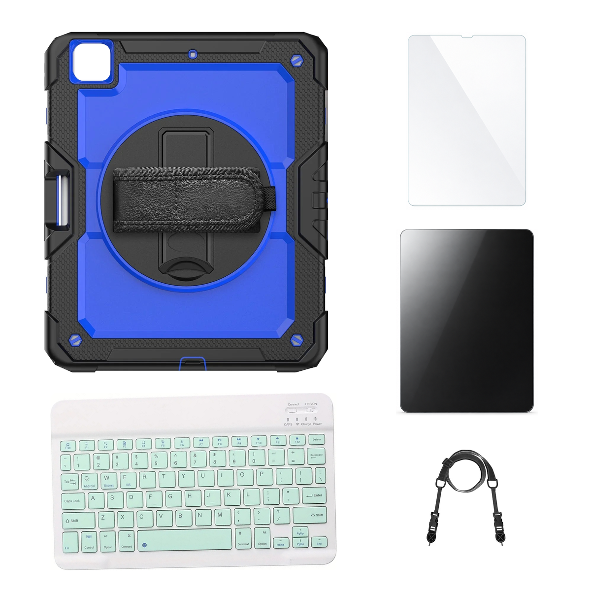 RhinoGuard Pro Blue / Black case with Green keyboard, shoulder strap, standard glass and additional privacy glass