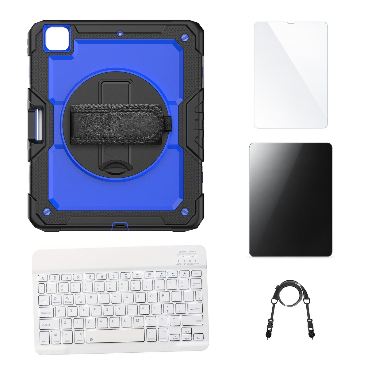 RhinoGuard Pro Blue / Black case with White keyboard, shoulder strap, standard glass and additional privacy glass