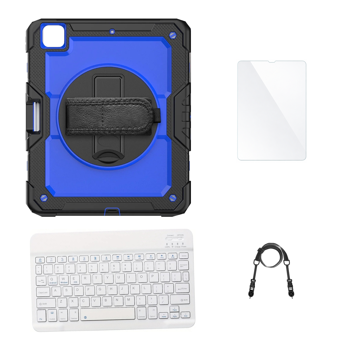 RhinoGuard Pro Blue / Black case with White keyboard, shoulder strap, standard glass