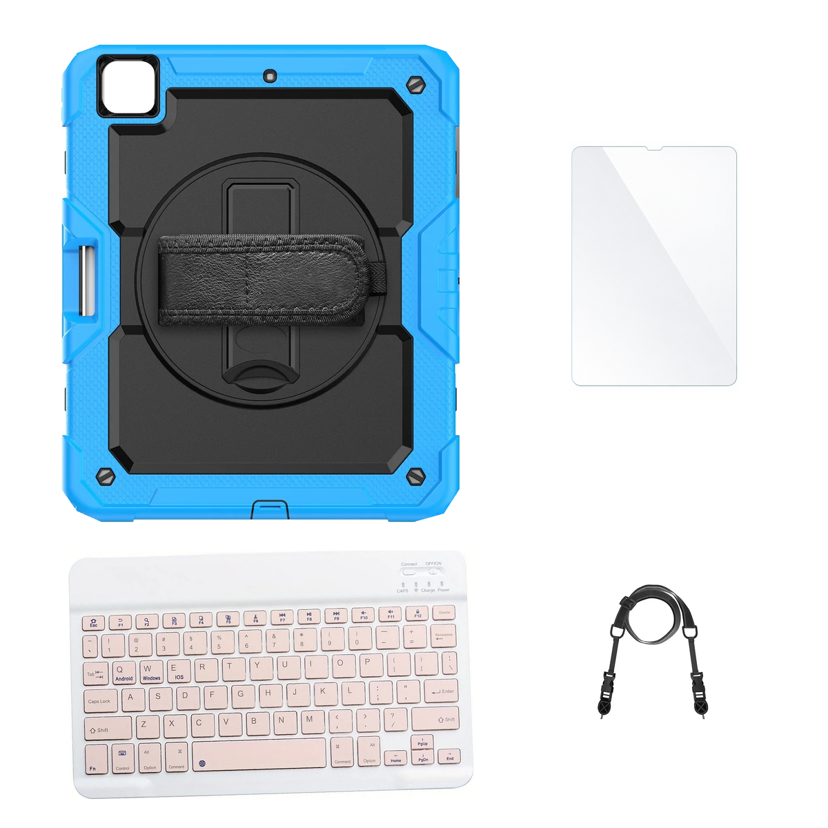 RhinoGuard Pro Black / Sky Blue case with Pink keyboard, shoulder strap, standard glass