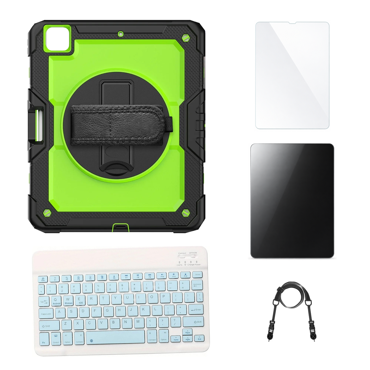 RhinoGuard Pro Green / Black case with Blue keyboard, shoulder strap, standard glass and additional privacy glass