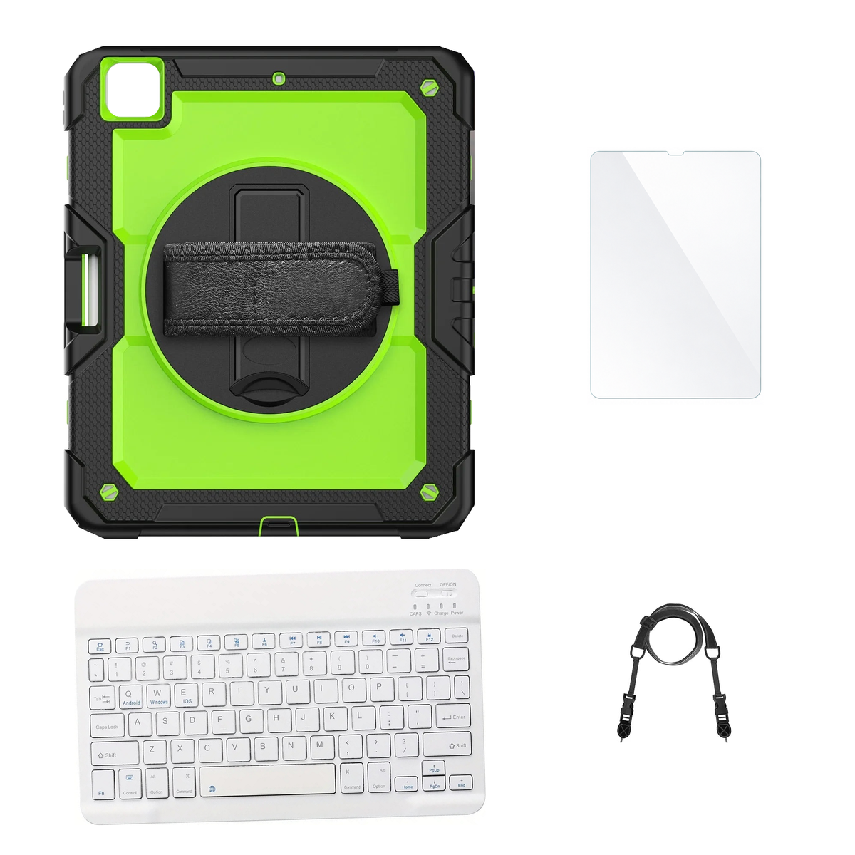 RhinoGuard Pro Green / Black case with White keyboard, shoulder strap, standard glass