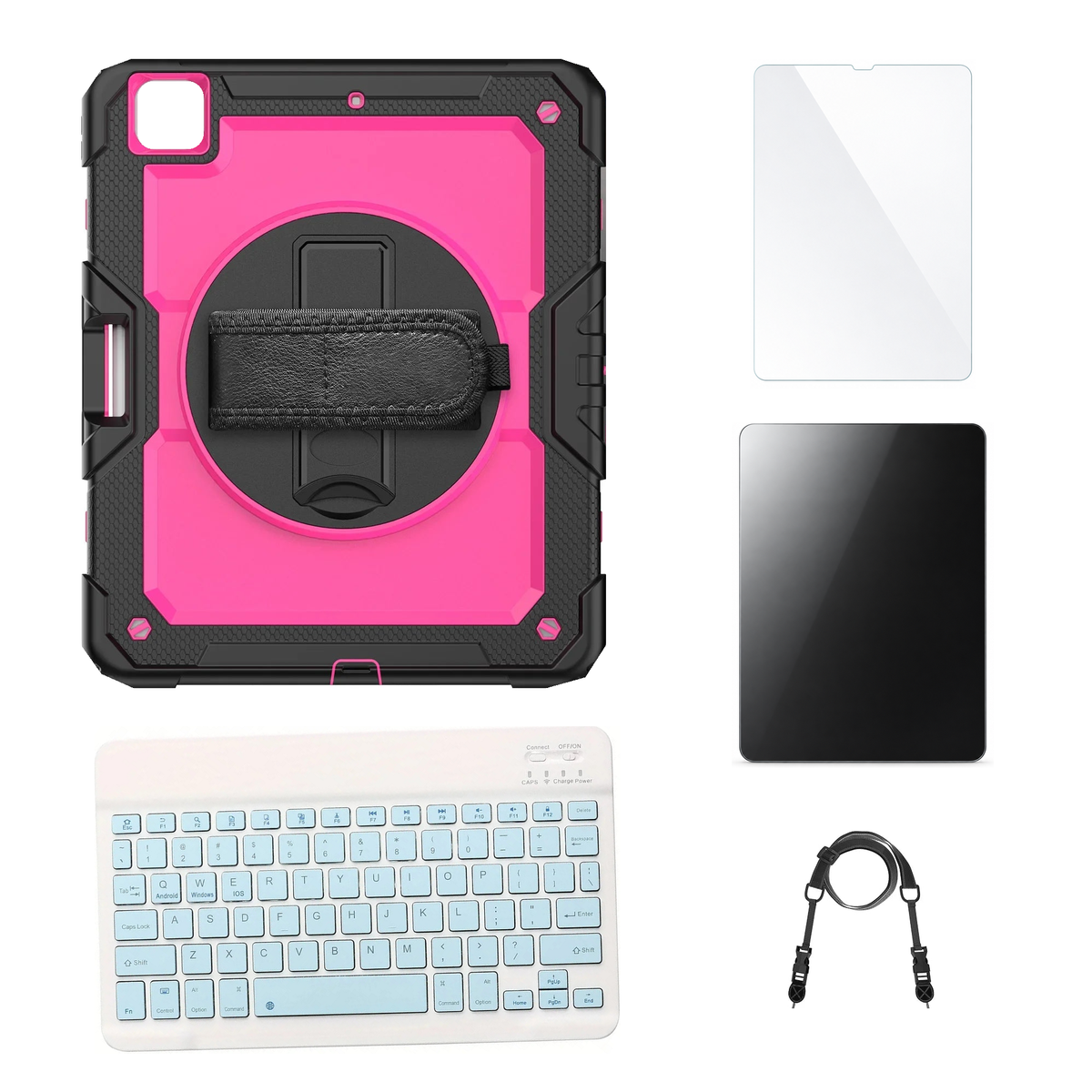 RhinoGuard Pro Pink / Black case with Blue keyboard, shoulder strap, standard glass and additional privacy glass