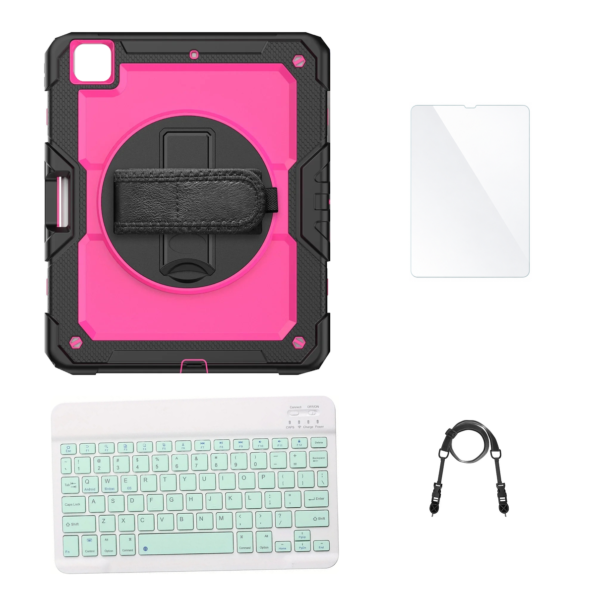 RhinoGuard Pro Pink / Black case with Green keyboard, shoulder strap, standard glass