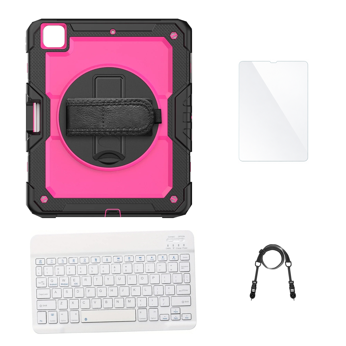 RhinoGuard Pro Pink / Black case with White keyboard, shoulder strap, standard glass