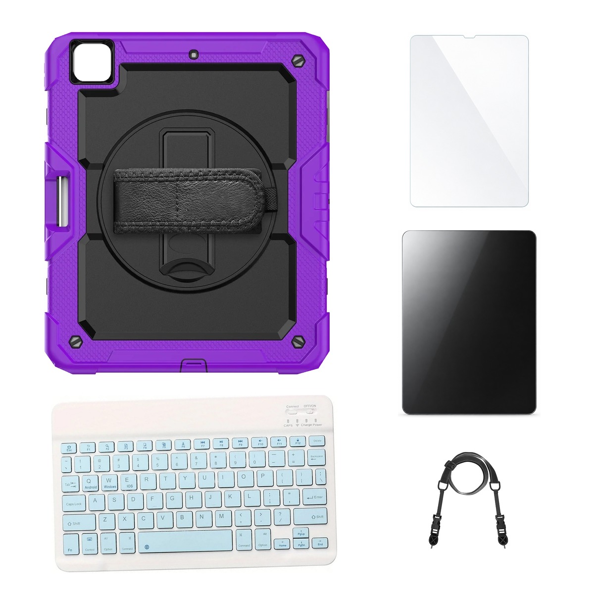 RhinoGuard Pro Black / Purple case with Blue keyboard, shoulder strap, standard glass and additional privacy glass