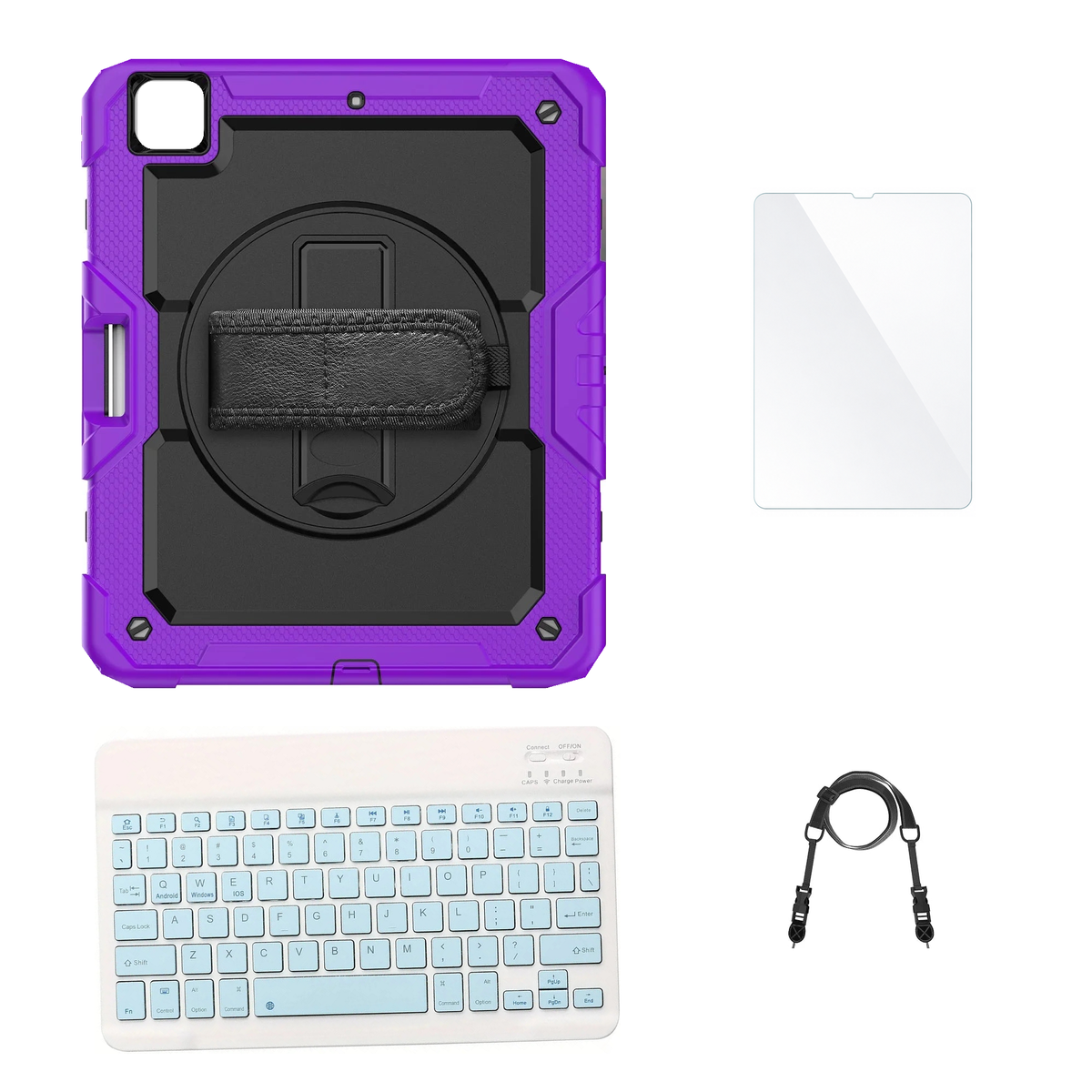 RhinoGuard Pro Black / Purple case with Blue keyboard, shoulder strap, standard glass