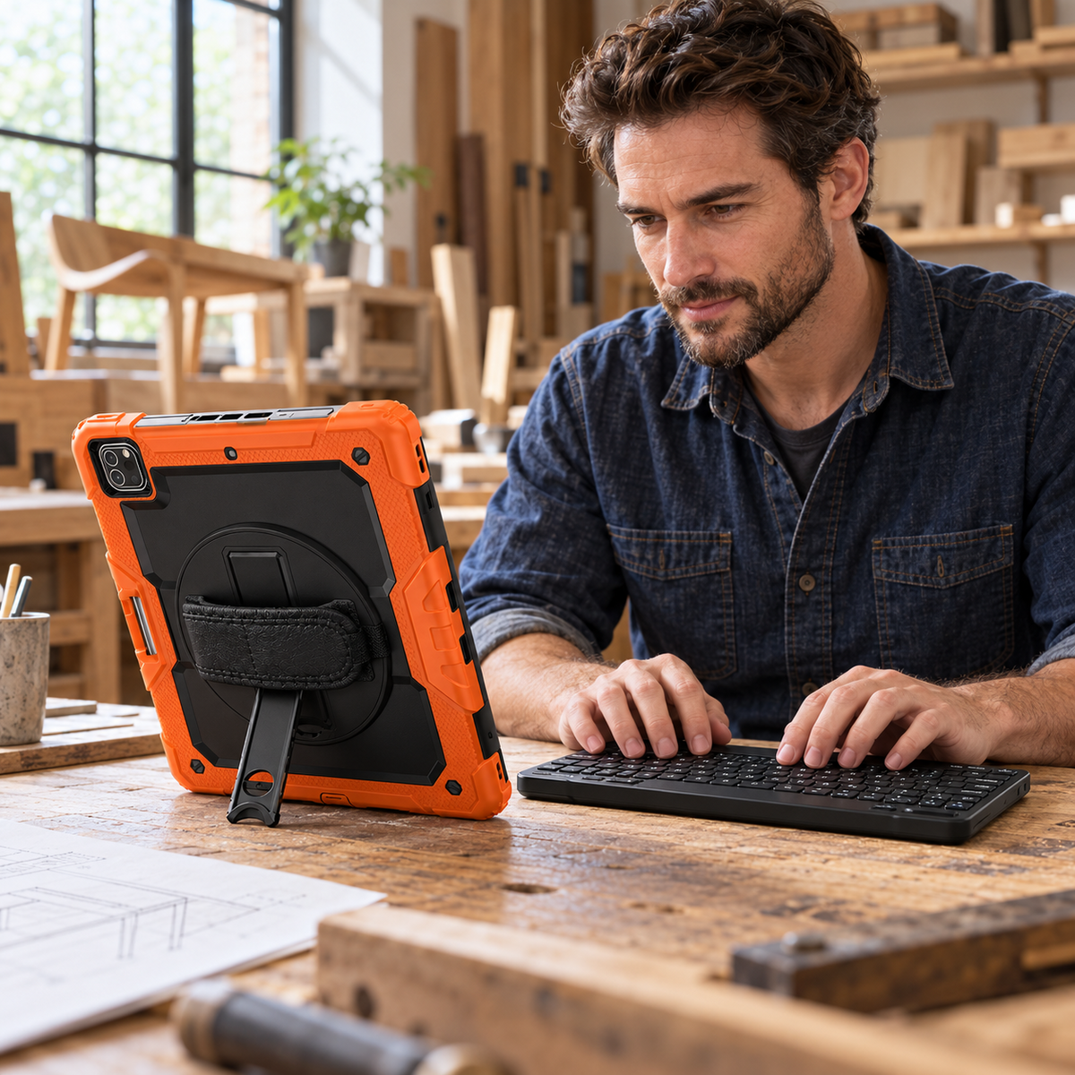 Cabinetmaker working with the orange RhinoGuard WorkForce 360 case on its built-in kickstand and the separate black RhinoKeys Pro keyboard