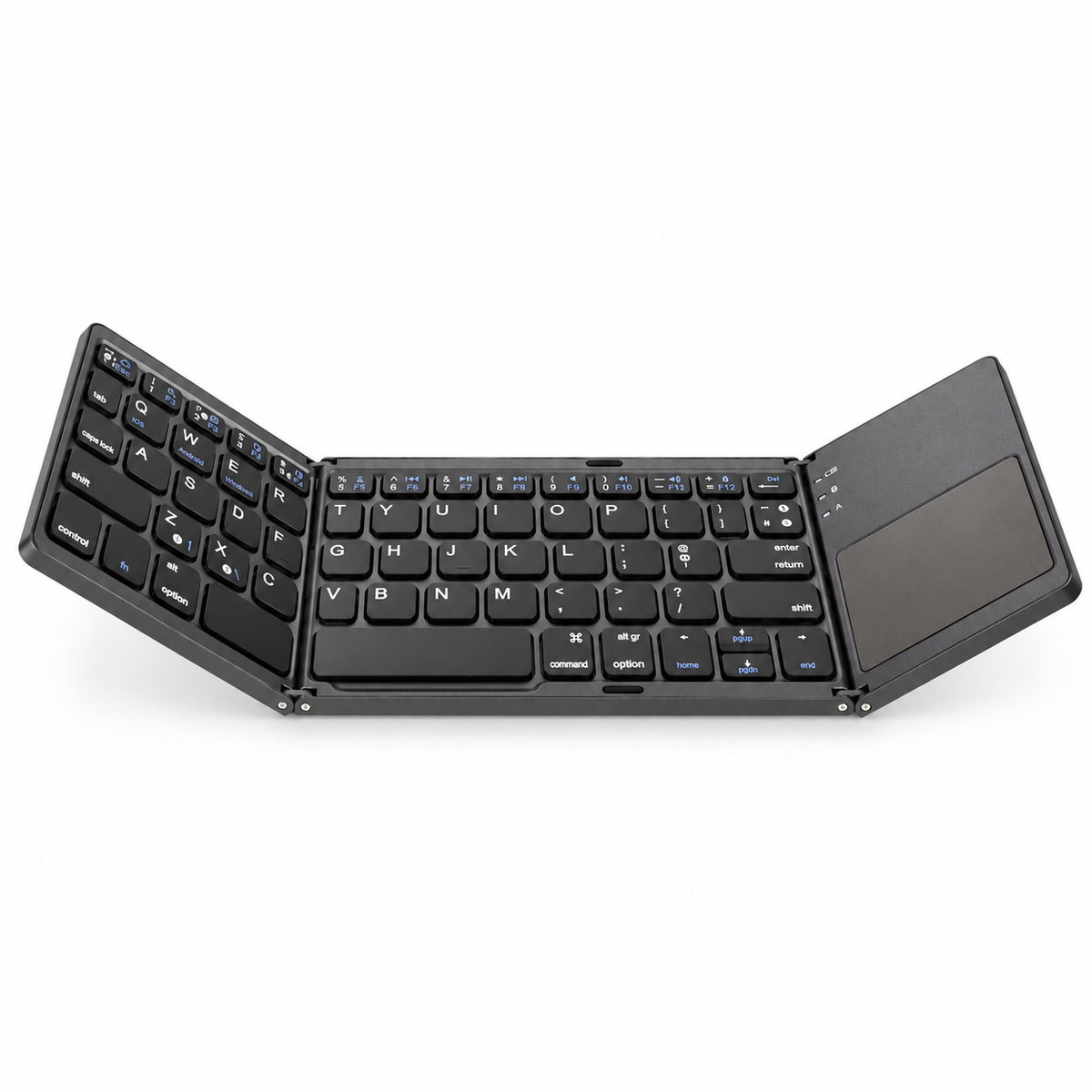Avontic WorkForce Fold Bluetooth keyboard in Black, partially folded with right-side touchpad