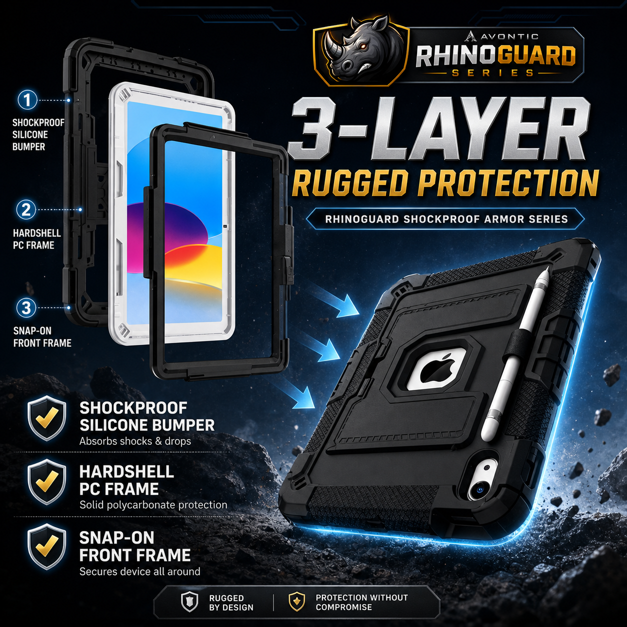 RhinoGuard Tactical 360 Heavy Duty iPad Case with Kickstand, Hand Strap & Shoulder Strap