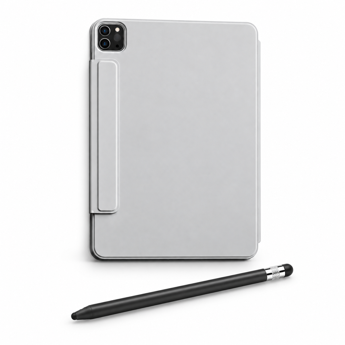 FormaLift Clarity Create — iPad Case + Stylus Bundle, Grey; all included bundle items on white. Representative iPad fit; tablet not included.