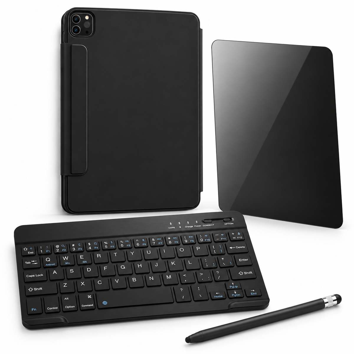 FormaLift Clarity Complete — iPad Case + Keyboard, Stylus, Privacy Glass Bundle, Black; all included bundle items on white. Representative iPad fit; tablet not included.