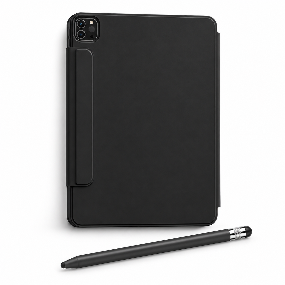 FormaLift Clarity Create — iPad Case + Stylus Bundle, Black; all included bundle items on white. Representative iPad fit; tablet not included.