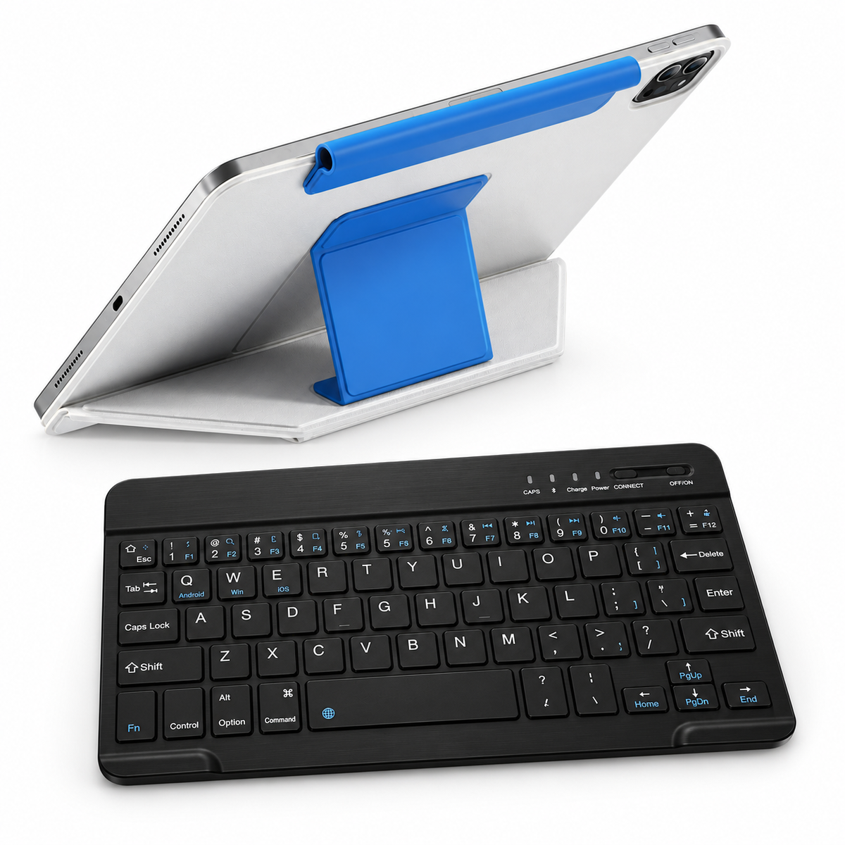 FormaLift Duo Work — iPad Case + Keyboard Bundle, White and Blue; all included bundle items on white. Representative iPad fit; tablet not included.
