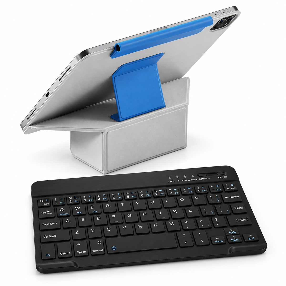FormaLift Duo Work — iPad Case + Keyboard Bundle, Gray and Blue; all included bundle items on white. Representative iPad fit; tablet not included.