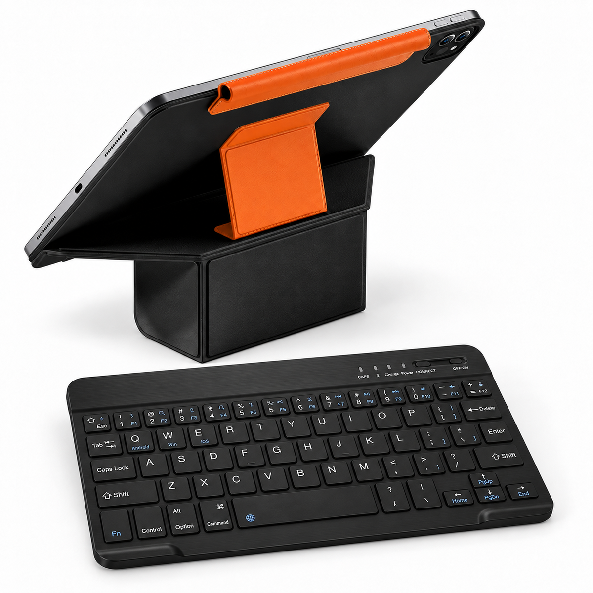 FormaLift Duo Work — iPad Case + Keyboard Bundle, Black and Orange; all included bundle items on white. Representative iPad fit; tablet not included.