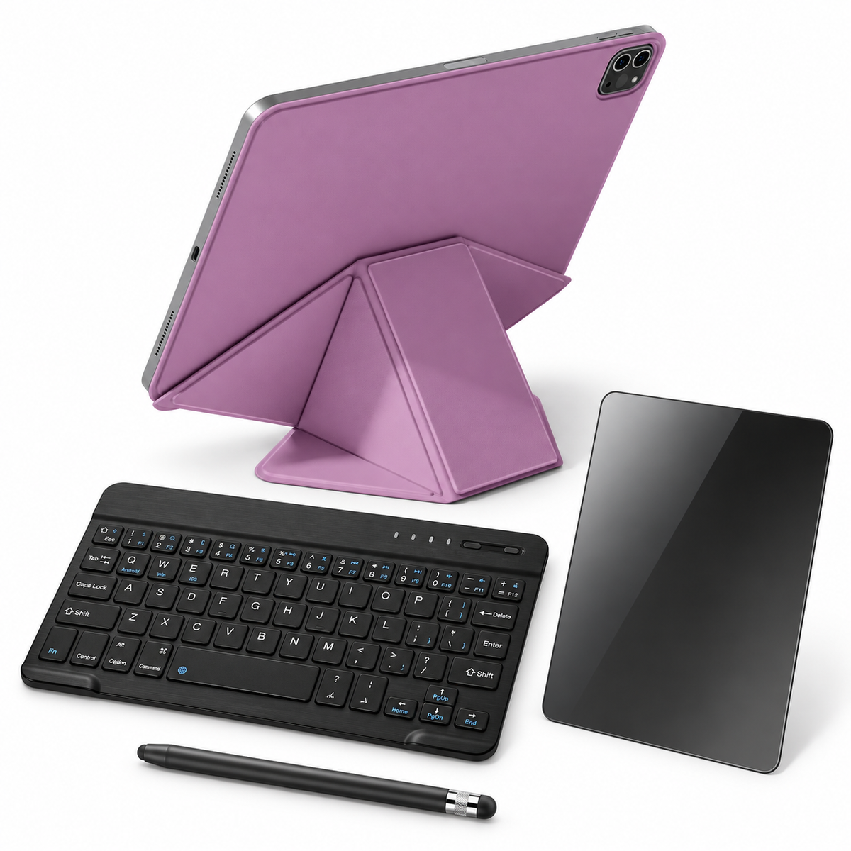 FormaLift Dynamic Complete — iPad Case + Keyboard, Stylus, Privacy Glass Bundle, Sunset Purple; all included bundle items on white. iPad shown for fit, not included.