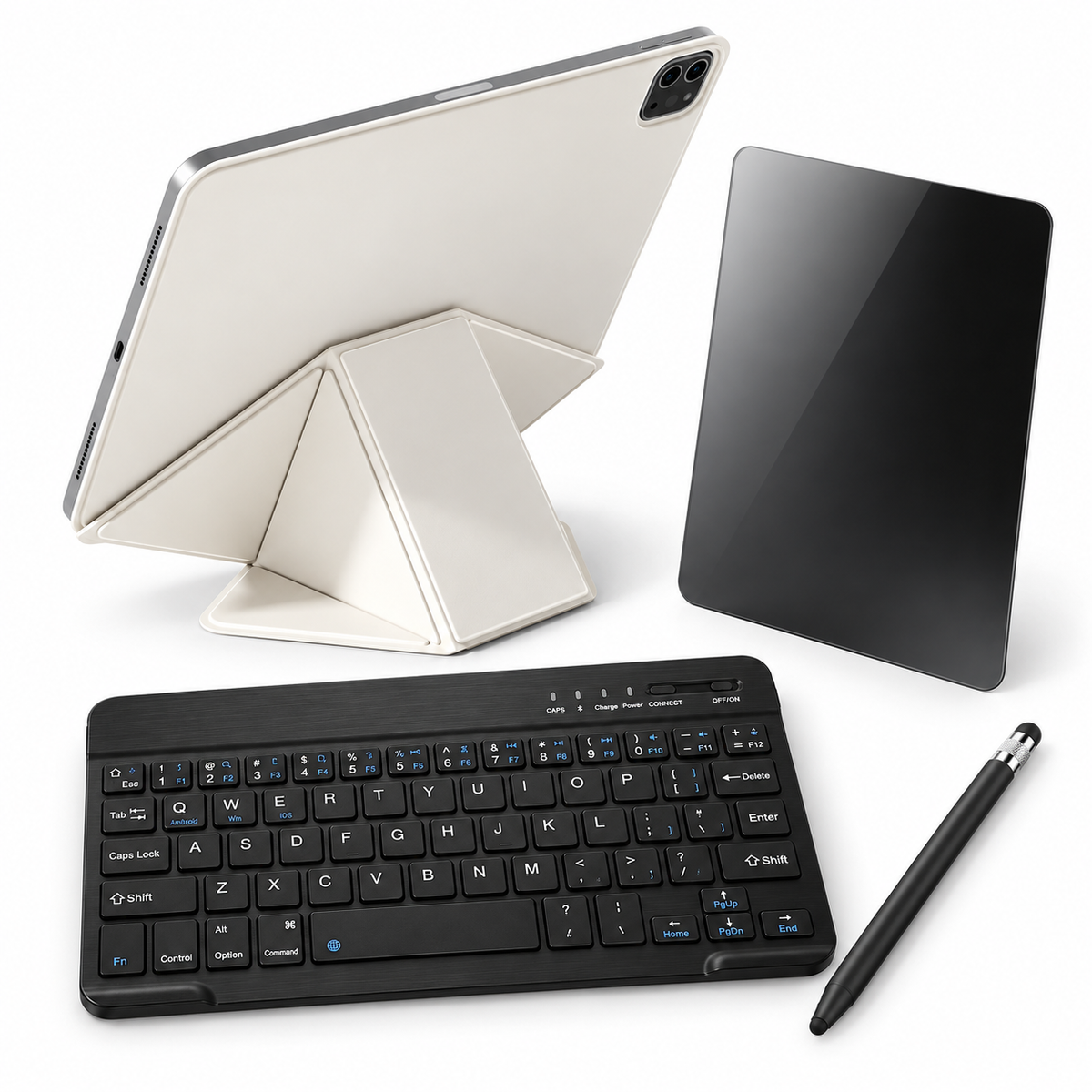FormaLift Dynamic Complete — iPad Case + Keyboard, Stylus, Privacy Glass Bundle, Beige; all included bundle items on white. iPad shown for fit, not included.