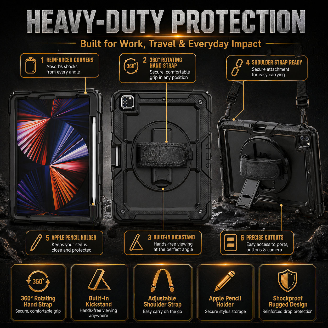 RhinoGuard Pro Rugged iPad Case with Hand Strap, Shoulder Strap & Kickstand