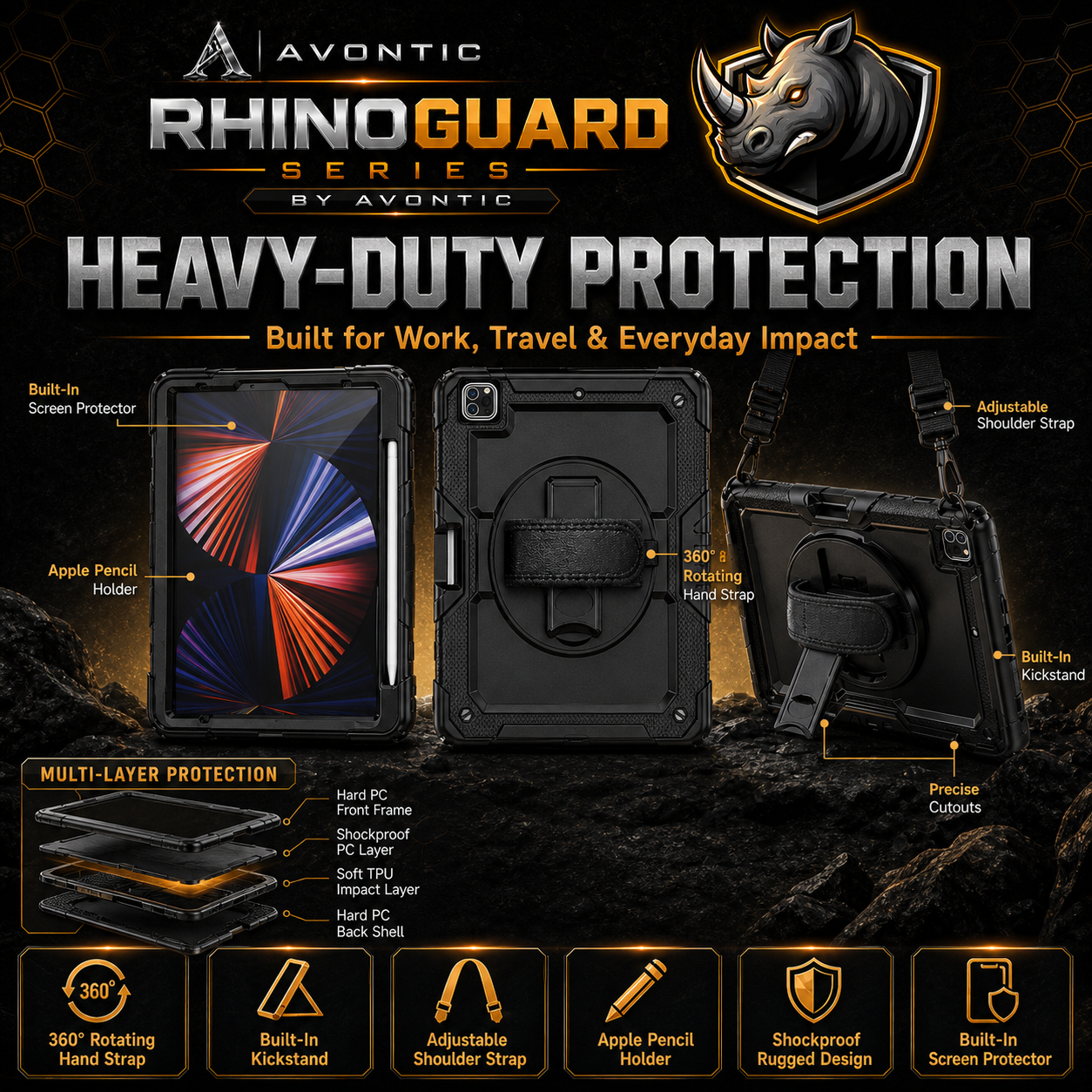 RhinoGuard Pro Rugged iPad Case with Hand Strap, Shoulder Strap & Kickstand