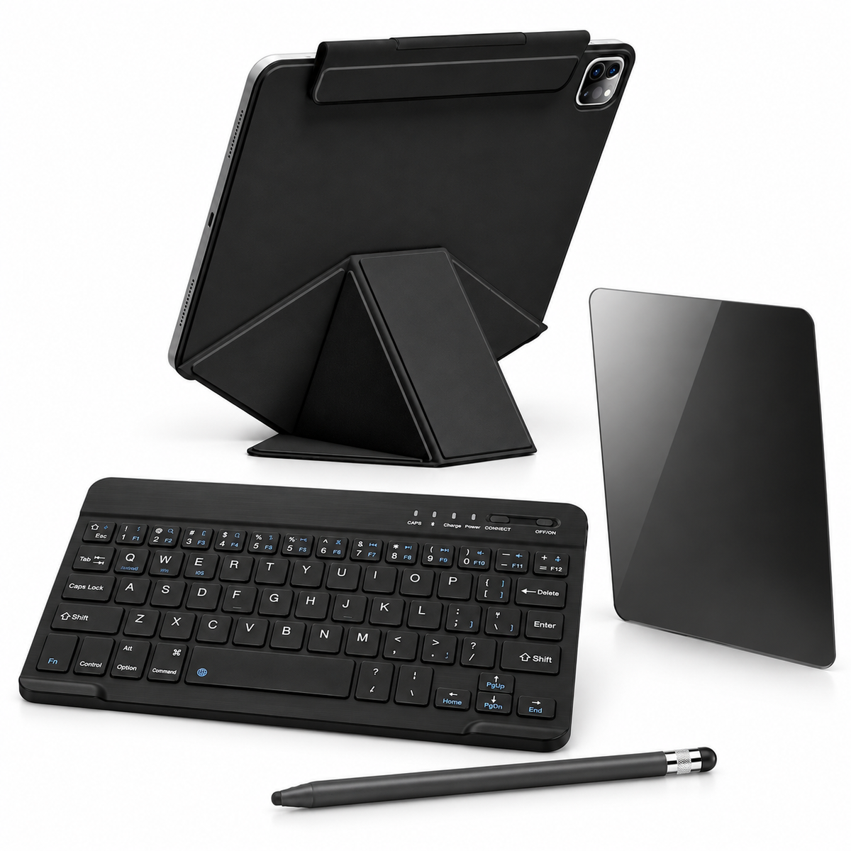 FormaLift Elevate Complete — iPad Case + Keyboard, Stylus, Privacy Glass Bundle, Black; all included bundle items on white. iPad shown for fit, not included.