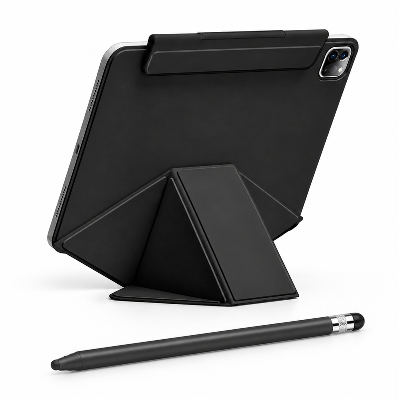 FormaLift Elevate Create — iPad Case + Stylus Bundle, Black; all included bundle items on white. iPad shown for fit, not included.