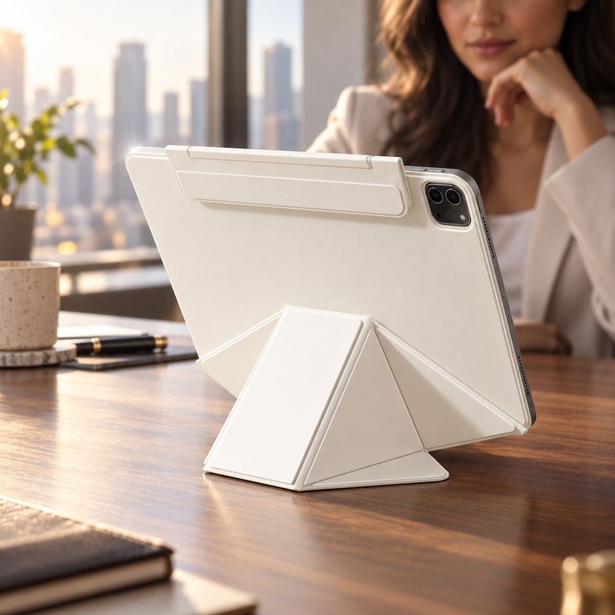FormaLift Elevate Cream White iPad stand on a workspace desk