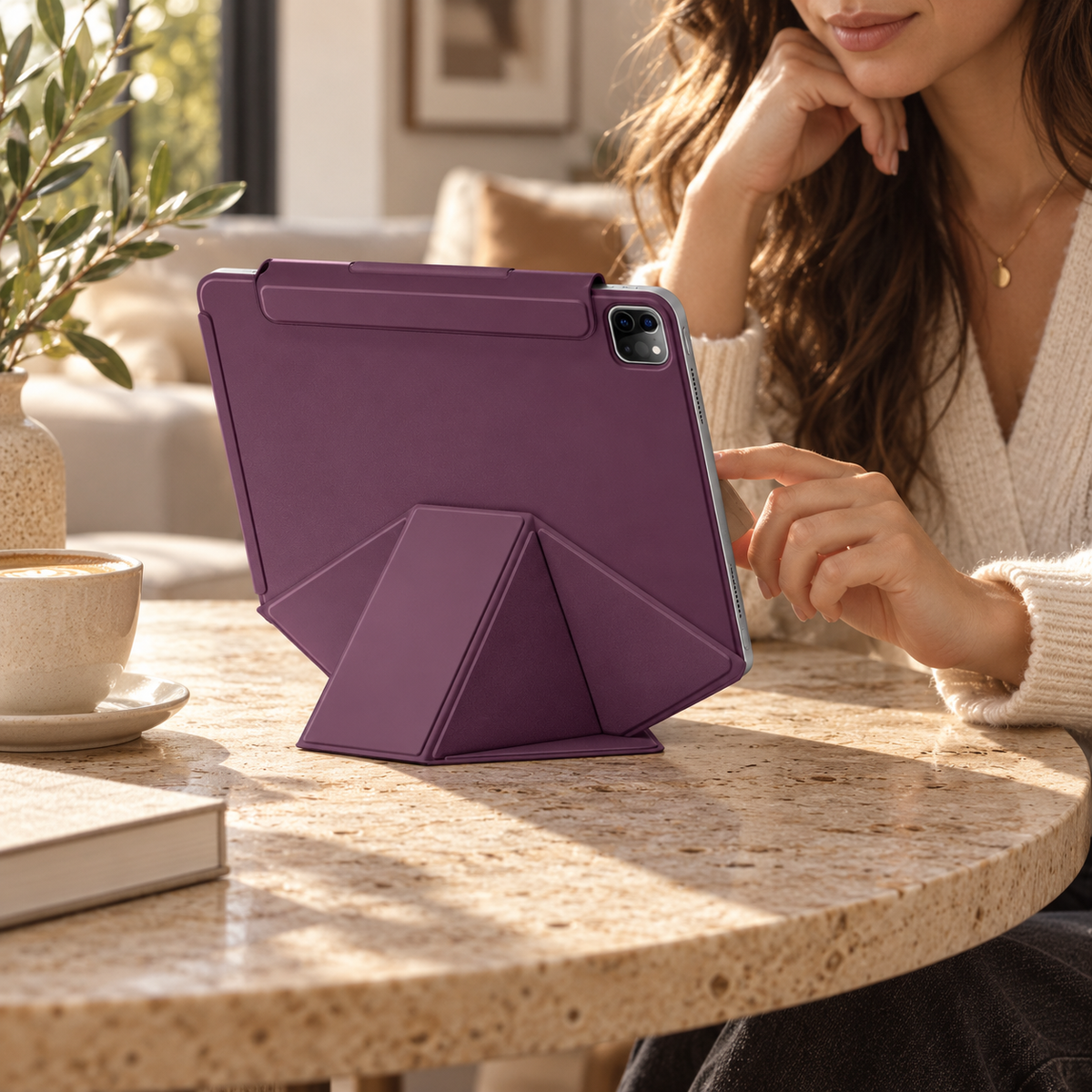 FormaLift Elevate Plum iPad case in use at a cafe