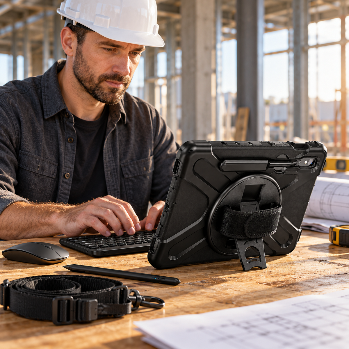 RhinoGuard Galaxy WorkForce Elite 360° in Midnight Black on its kickstand with keyboard, mouse and stylus at a jobsite