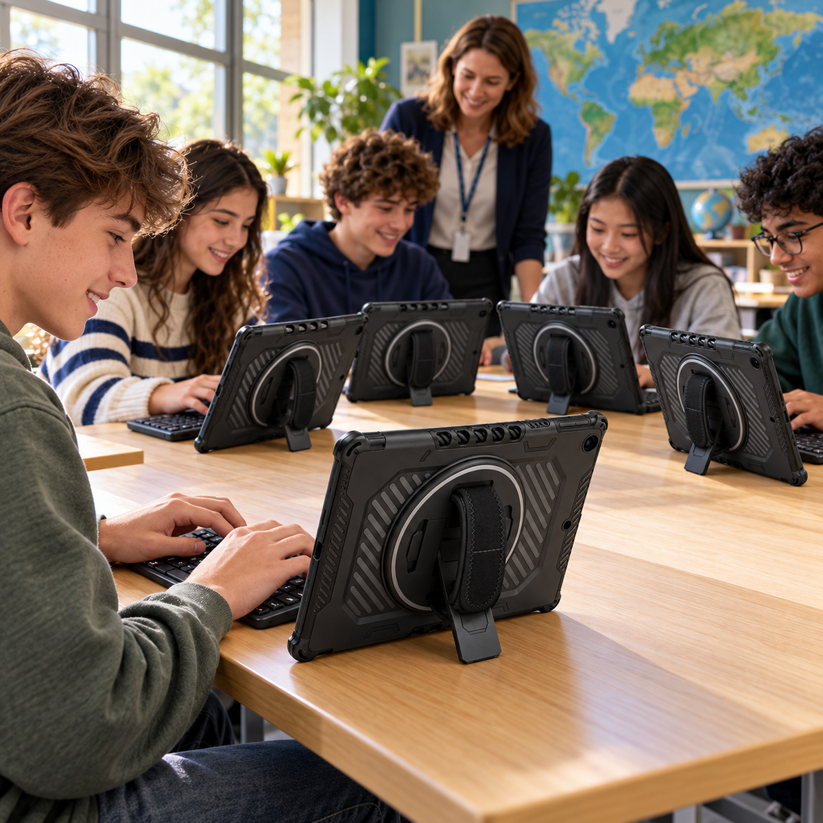 Five students using matching black Galaxy PivotGrip cases and separate keyboards for a collaborative classroom project. Keyboards optional; tablets not included.