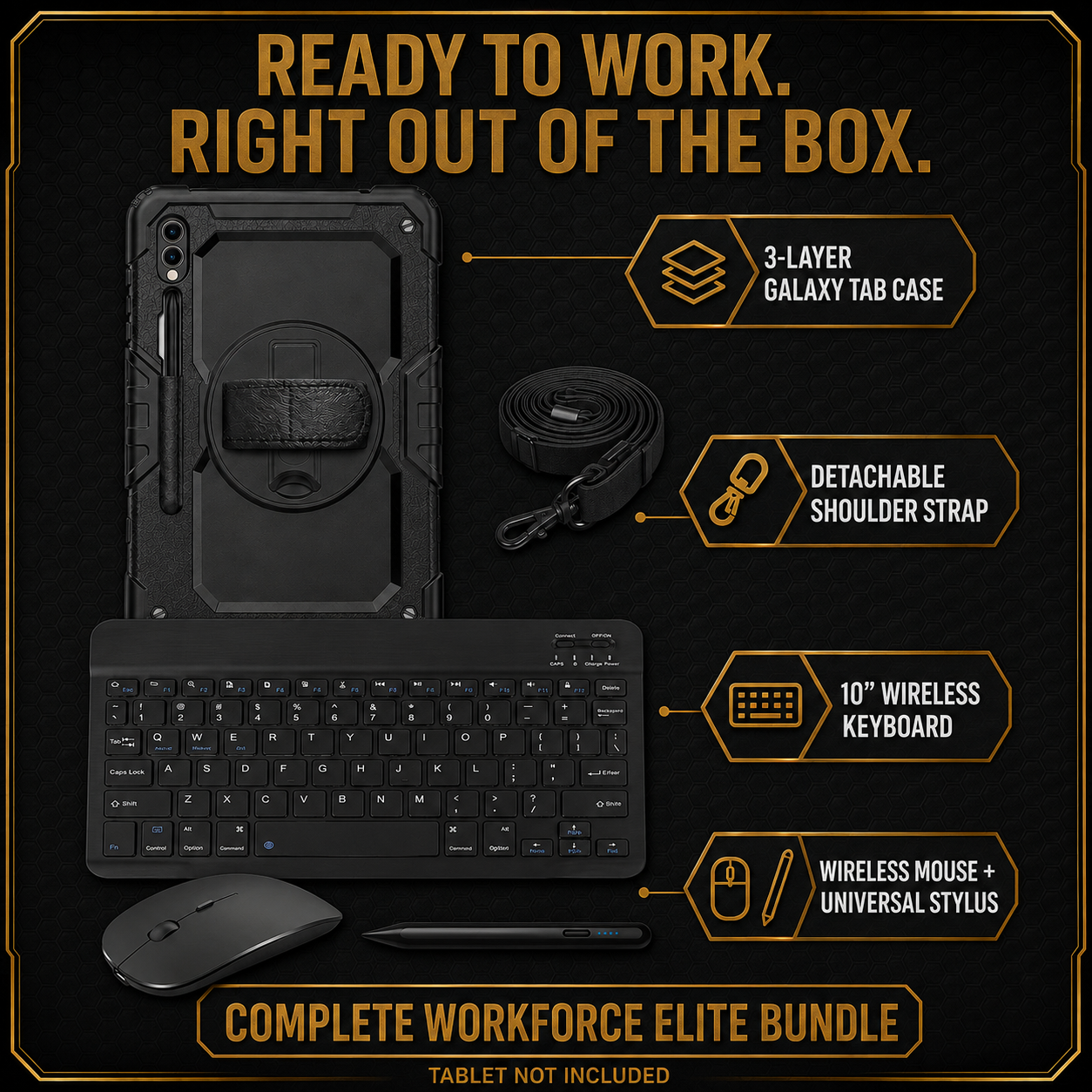 Galaxy WorkForce Elite four-piece 3-layer bundle with shoulder strap, keyboard, mouse and universal stylus