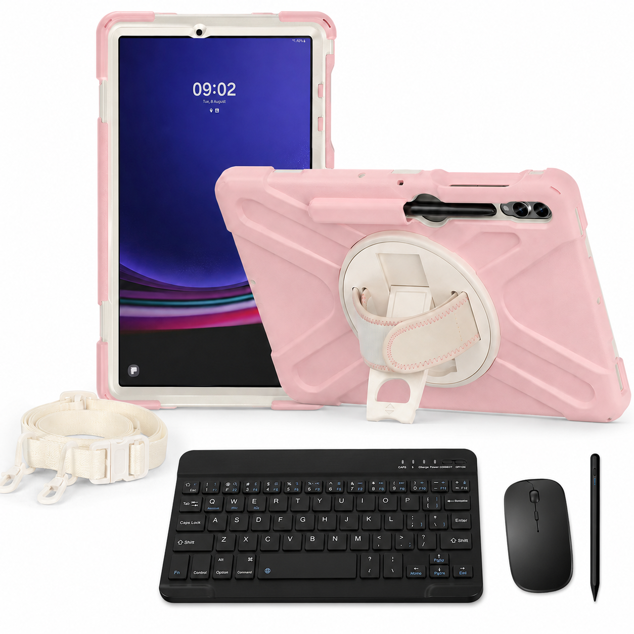 RhinoGuard Galaxy WorkForce Elite 360-degree Blush Pink / Pearl White case bundle with keyboard, mouse and universal touchscreen stylus
