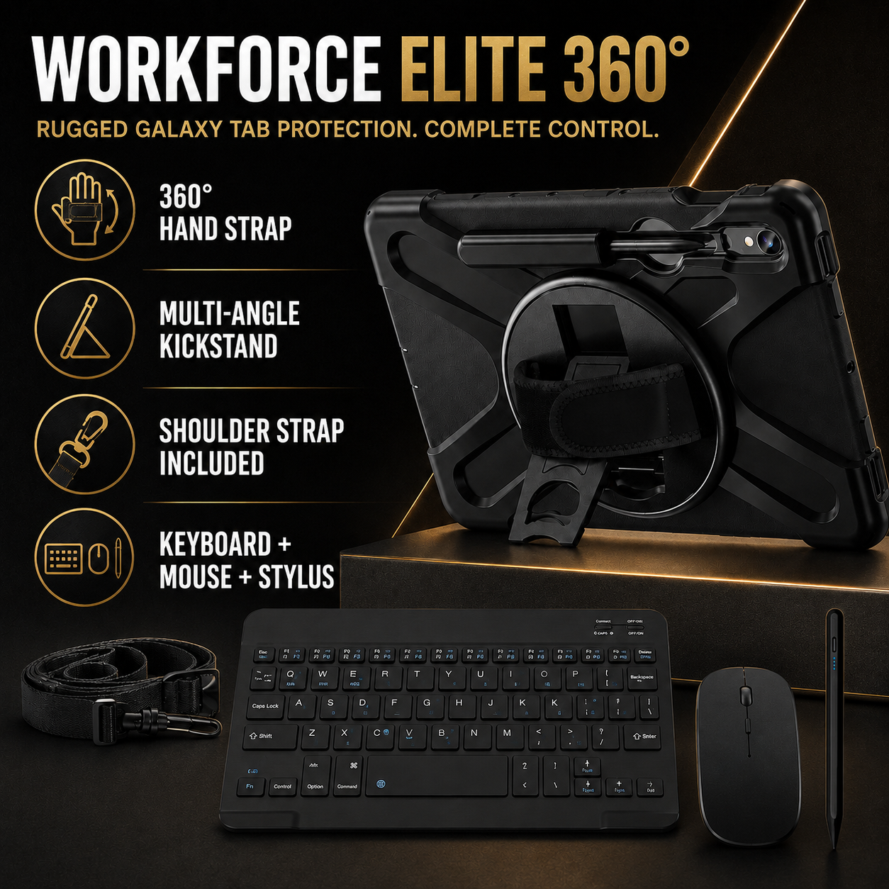 Galaxy WorkForce Elite 360-degree case features with keyboard, mouse, universal stylus and shoulder strap