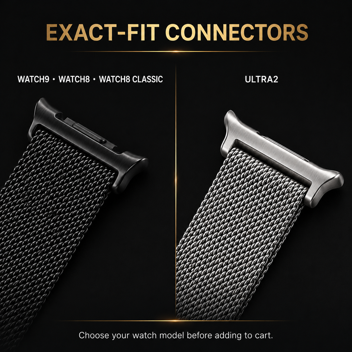 GalaxyMesh Pro exact-fit connector comparison for Galaxy Watch9, Watch8, Watch8 Classic and Ultra2