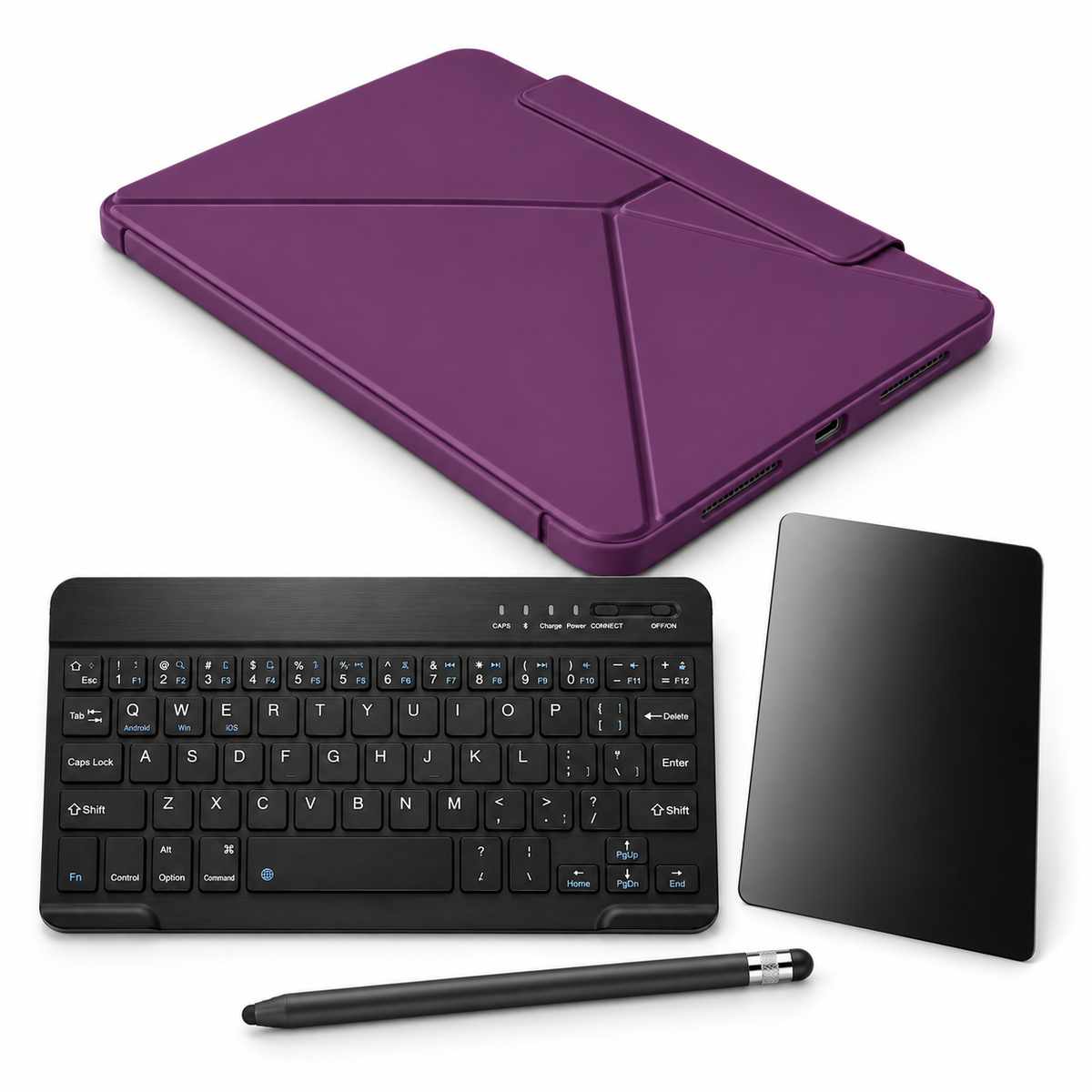 FormaLift Pivot Complete — iPad Case + Keyboard, Stylus, Privacy Glass Bundle, Sunset Purple; all included bundle items on white. Representative iPad fit; tablet not included.