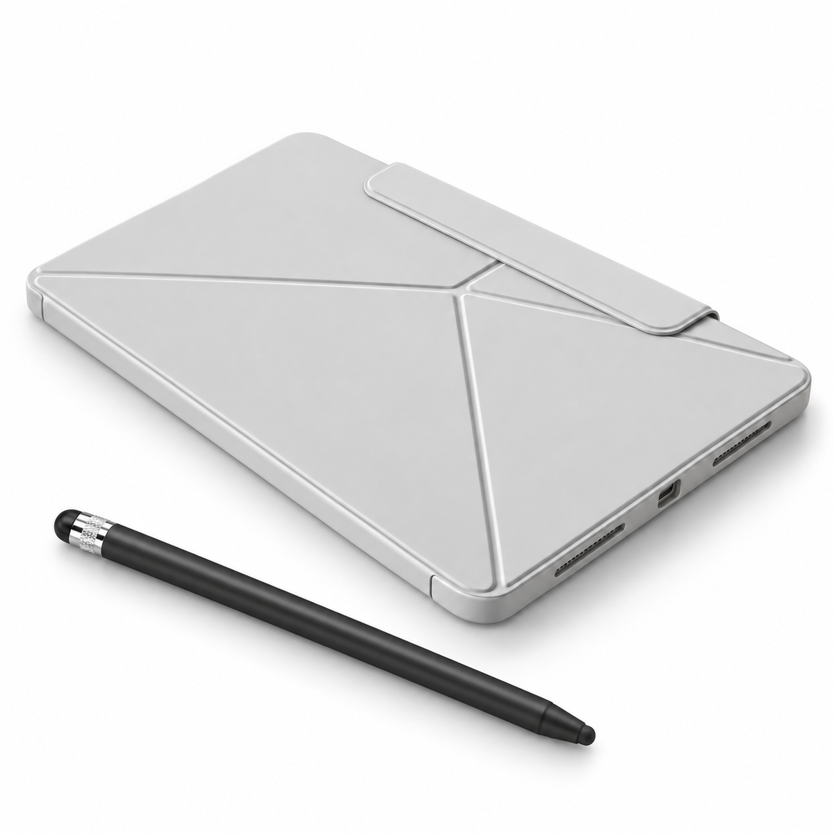 FormaLift Pivot Create — iPad Case + Stylus Bundle, Grey; all included bundle items on white. Representative iPad fit; tablet not included.