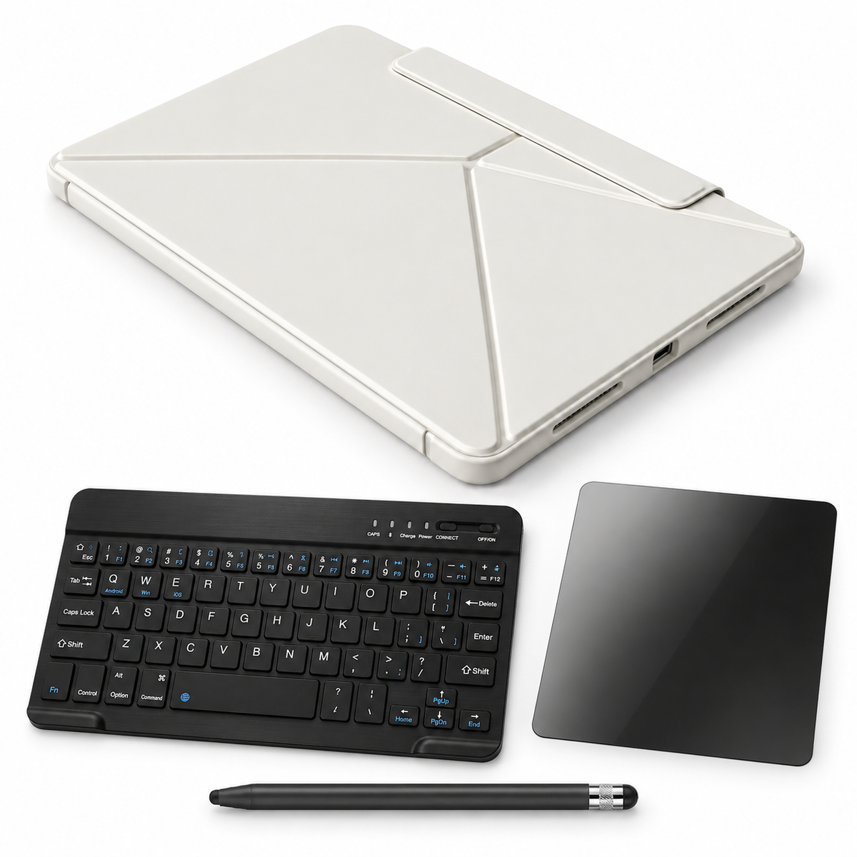 FormaLift Pivot Complete — iPad Case + Keyboard, Stylus, Privacy Glass Bundle, Cream White; all included bundle items on white. Representative iPad fit; tablet not included.