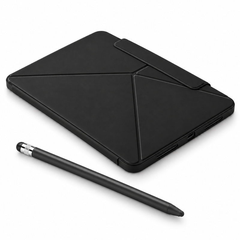 FormaLift Pivot Create — iPad Case + Stylus Bundle, Black; all included bundle items on white. Representative iPad fit; tablet not included.