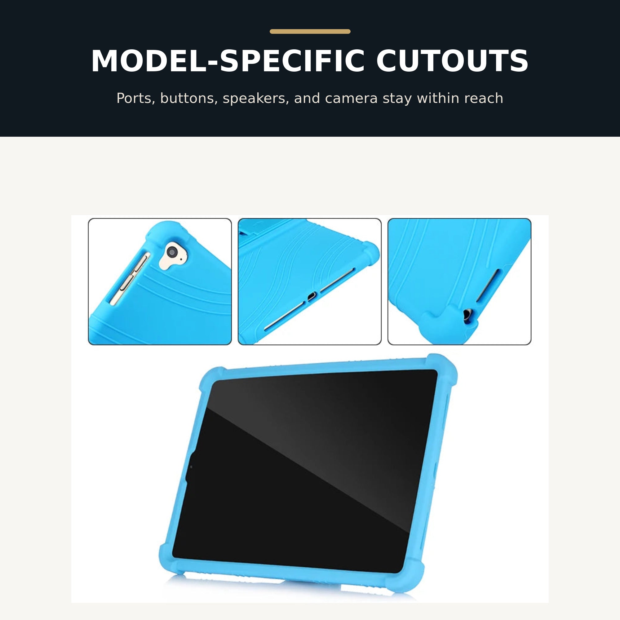 Model-specific camera, speaker, button, and charging cutouts on PopPad SoftShield