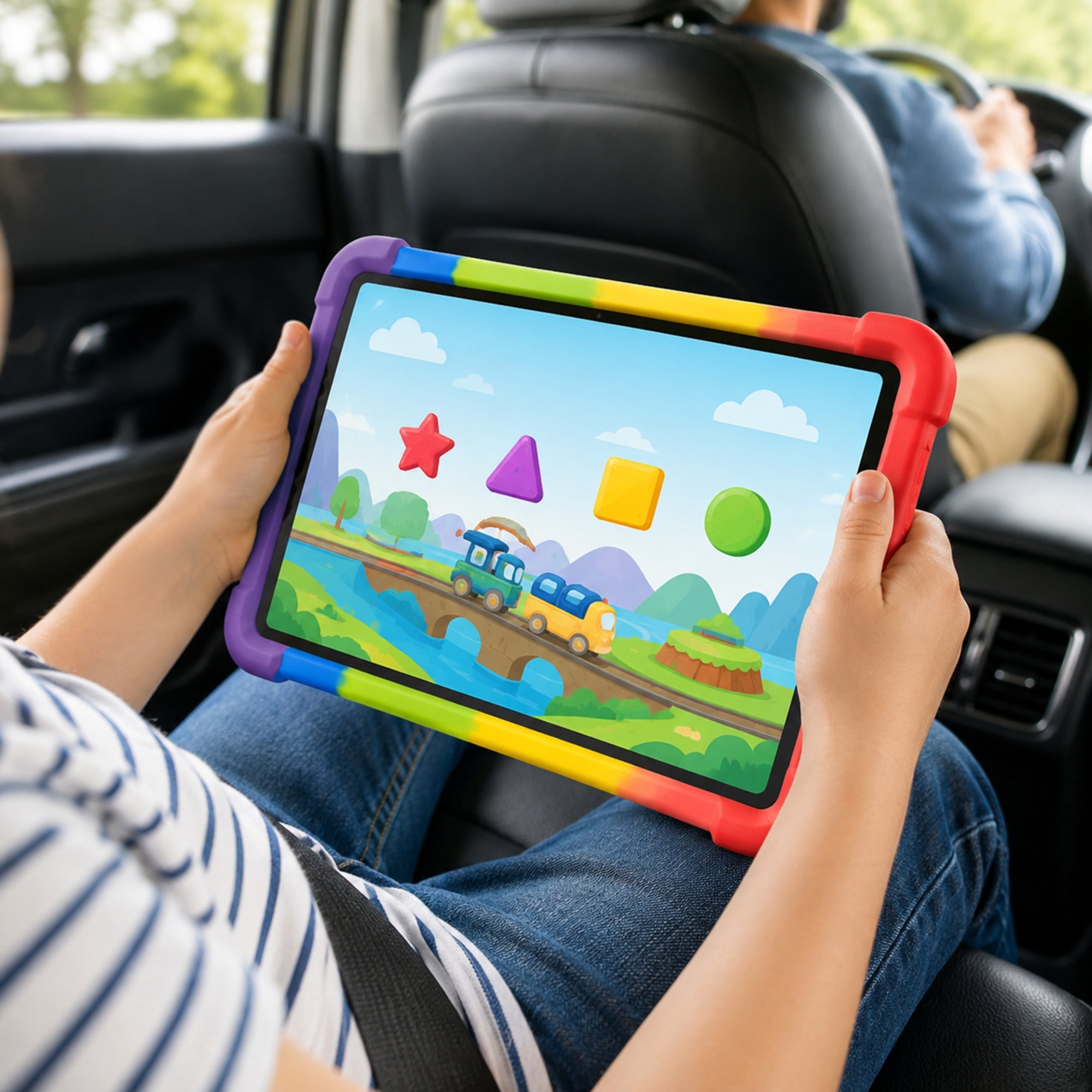 Child holding a Rainbow PopPad SoftShield iPad case during a family road trip